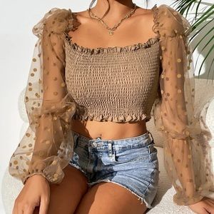 Contrast Dobby mesh sleeve Shirred Frill top